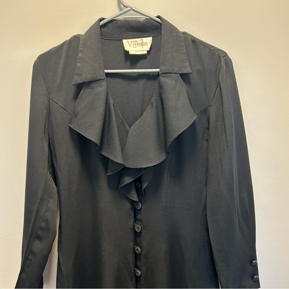 Vintage VI. petites black dress button down ruffled collar - Picture 8 of 9
